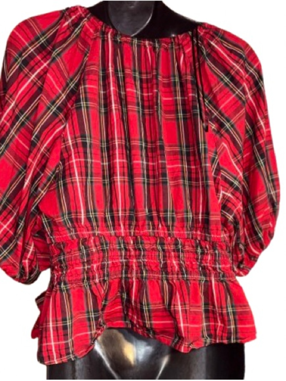 Old Navy red tartan Puff-Sleeve Peplum top smocked waist and v-neck large - Picture 3 of 10